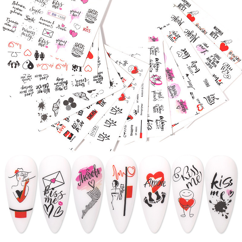 Valentines Heart Letter Flower Nail Sliders Sliders for Nails Water Decals Αυτοκόλλητα Συμβουλές για μανικιούρ Nail Art Διακόσμηση