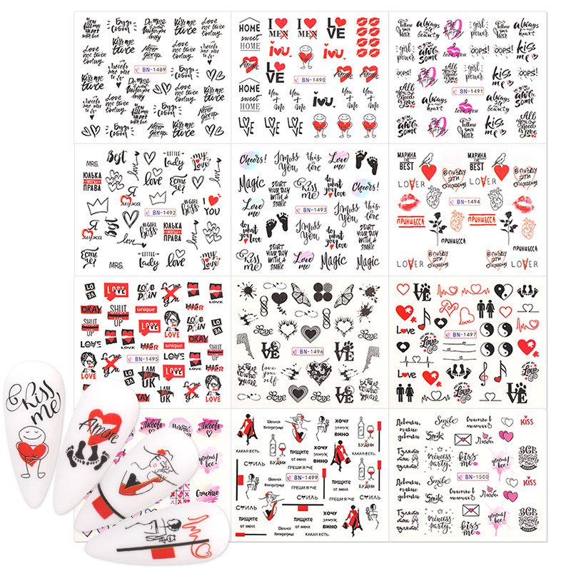 Valentines Heart Letter Flower Nail Sliders Sliders for Nails Water Decals Αυτοκόλλητα Συμβουλές για μανικιούρ Nail Art Διακόσμηση