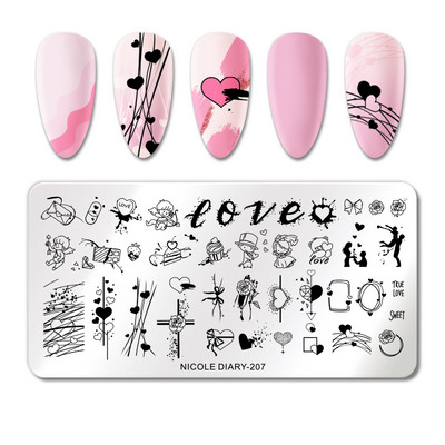 ΗΜΕΡΟΛΟΓΙΟ NICOLE Leaves Floral Γεωμετρική Γραμμή Σχέδιο Πλάκες Σφράγισης Καρδιά Αγάπη Βαλεντίνου Πρότυπο Πλάκα Καλούπι Νυχιών Εργαλεία στένσιλ