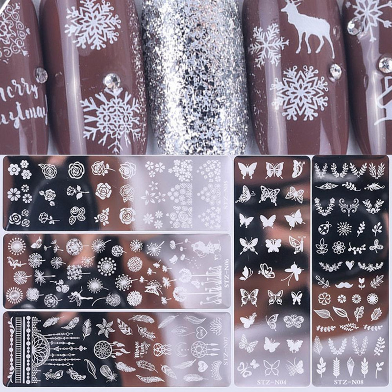 1 komplekt küünekunsti templiplaadi lehtede lillede unenäopüüdja lumehelbe geomeetria pits küünelakk print Jelly Stamper kaabitsa tööriist
