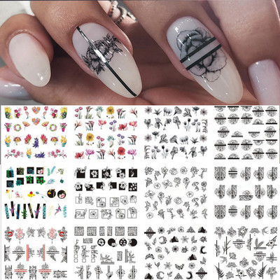 12 stílus Köröm Víz matricák Absztrakt női arc mintás köröm matricák színes blokk vonalak levél virágok csúszkák manikűr fóliák tippek