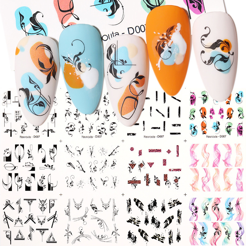 12 stílus Köröm Víz matricák Absztrakt női arc mintás köröm matricák színes blokk vonalak levél virágok csúszkák manikűr fóliák tippek