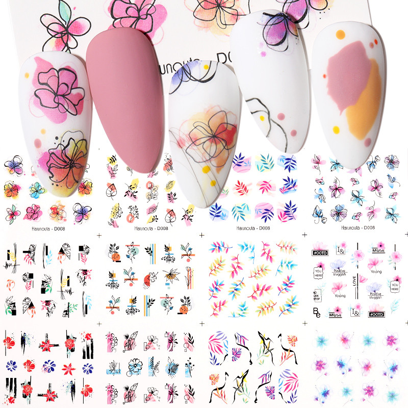 12 stílus Köröm Víz matricák Absztrakt női arc mintás köröm matricák színes blokk vonalak levél virágok csúszkák manikűr fóliák tippek