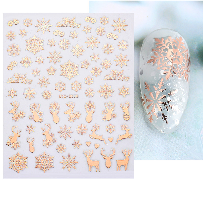 1db Rose Gold Holografikus karácsonyi körömmatricák Hóember jávorszarvas fa öntapadó csúszkák Téli 3D körömmatricák LASTZ-G053