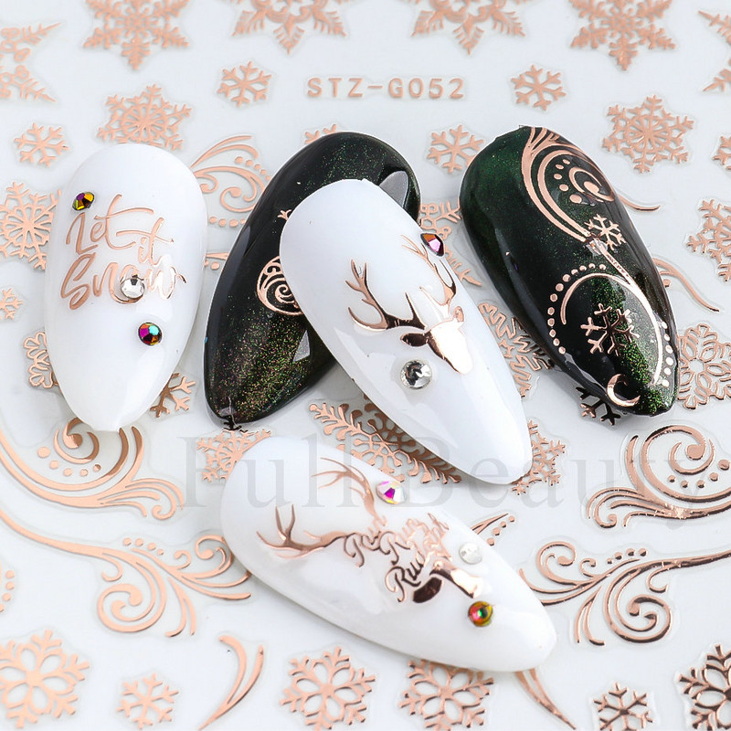 1db Rose Gold Holografikus karácsonyi körömmatricák Hóember jávorszarvas fa öntapadó csúszkák Téli 3D körömmatricák LASTZ-G053