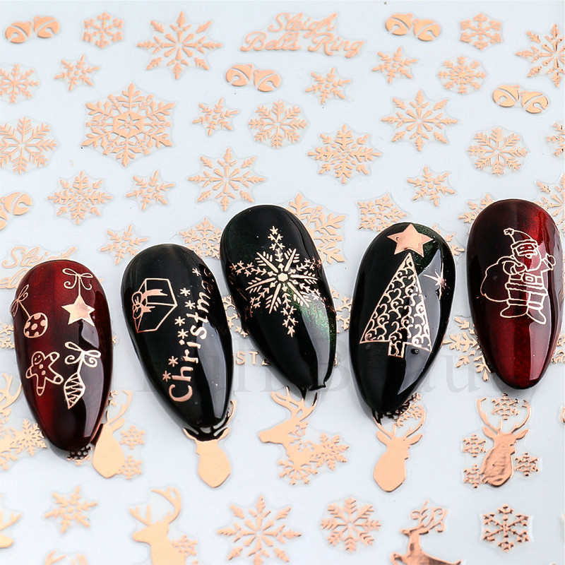 1db Rose Gold Holografikus karácsonyi körömmatricák Hóember jávorszarvas fa öntapadó csúszkák Téli 3D körömmatricák LASTZ-G053