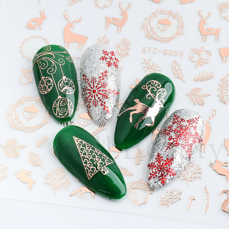 1db Rose Gold Holografikus karácsonyi körömmatricák Hóember jávorszarvas fa öntapadó csúszkák Téli 3D körömmatricák LASTZ-G053