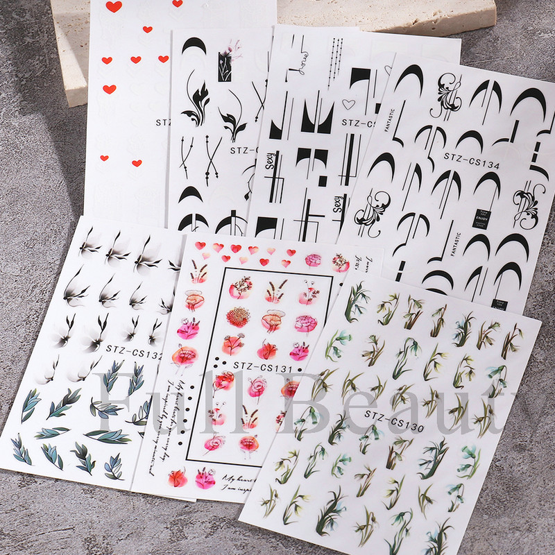 Francia texturált vonalak körömdíszítő matricák egyszerű geometria levél virág ragasztó csúszkák Monogram nyári manikűr matrica LYSTZ130-137