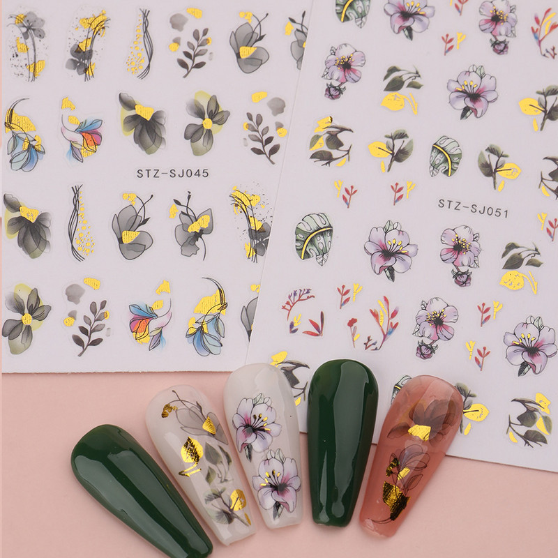 3D körömmatrica arany bronzosító virág, levelek köröm tinta vízjel geometriai vonalak csúszó körömdíszítéshez, manikűr tervezéshez