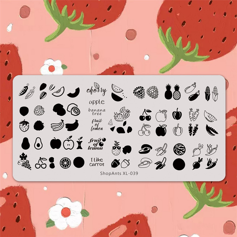 ShopAnts 6*12 cm-es körömbélyegző lemezek Gyümölcsök Képek Stencil Rozsdamentes acél Design nyomtatáshoz Nail Art képtábla XL-039