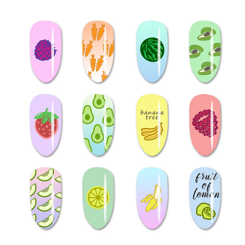 ShopAnts 6*12 cm-es körömbélyegző lemezek Gyümölcsök Képek Stencil Rozsdamentes acél Design nyomtatáshoz Nail Art képtábla XL-039