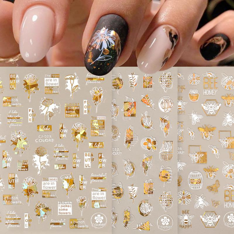 1PC 3D naljepnice za nokte Bijelo zlato Leaf Apstraktni linijski uzorak Samoljepljivi klizač Nail Art Decorations Leaf Love Heart Naljepnice za nokte