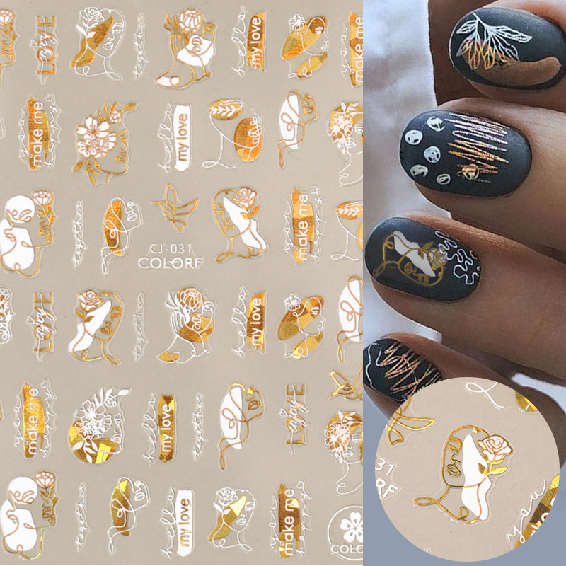 1PC 3D naljepnice za nokte Bijelo zlato Leaf Apstraktni linijski uzorak Samoljepljivi klizač Nail Art Decorations Leaf Love Heart Naljepnice za nokte
