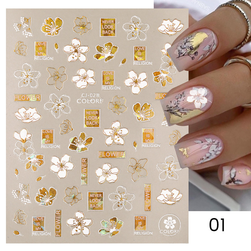 1PC 3D naljepnice za nokte Bijelo zlato Leaf Apstraktni linijski uzorak Samoljepljivi klizač Nail Art Decorations Leaf Love Heart Naljepnice za nokte