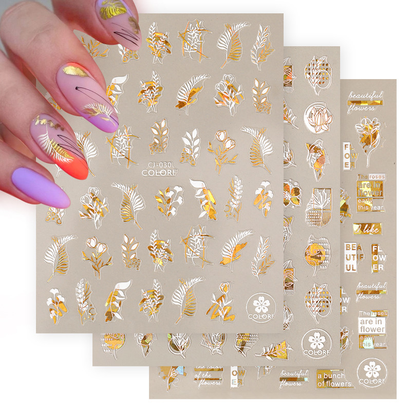 1PC 3D naljepnice za nokte Bijelo zlato Leaf Apstraktni linijski uzorak Samoljepljivi klizač Nail Art Decorations Leaf Love Heart Naljepnice za nokte