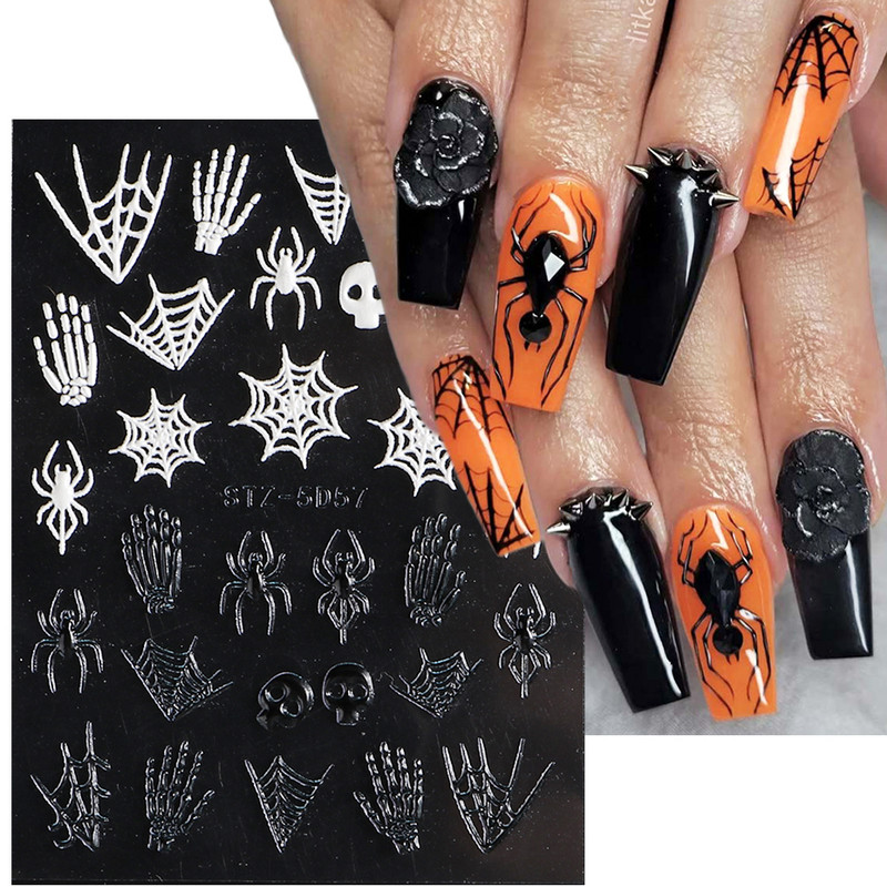 5D Halloween Nail Art Matricák Pókháló Horror Szemek Arc Sütőtök Körömmatricák Domborított minták Csúszkák Fóliák Manikűr TRSTZ-5D