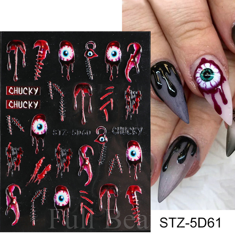 5D Halloween Nail Art Matricák Pókháló Horror Szemek Arc Sütőtök Körömmatricák Domborított minták Csúszkák Fóliák Manikűr TRSTZ-5D