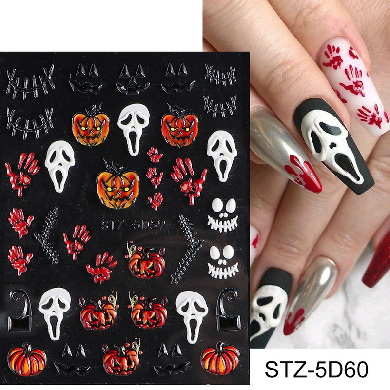 5D Halloween Nail Art Matricák Pókháló Horror Szemek Arc Sütőtök Körömmatricák Domborított minták Csúszkák Fóliák Manikűr TRSTZ-5D
