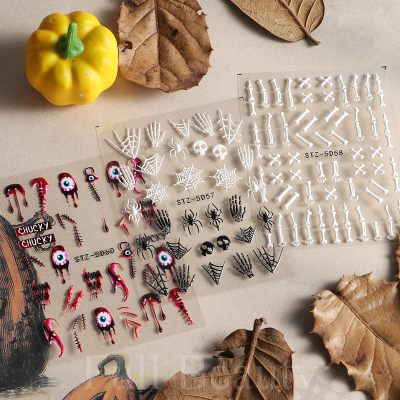 5D Halloween Nail Art Matricák Pókháló Horror Szemek Arc Sütőtök Körömmatricák Domborított minták Csúszkák Fóliák Manikűr TRSTZ-5D