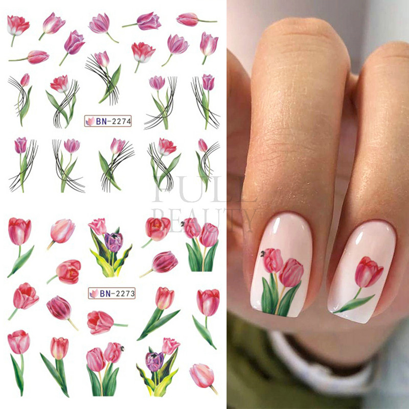 Tulipán körömmatrica hóvirág víz köröm matricák rózsaszín virágok bazsarózsa rózsa csúszkák nyári dizájn gél lakk pakolás tetoválás GLBN2269-2280
