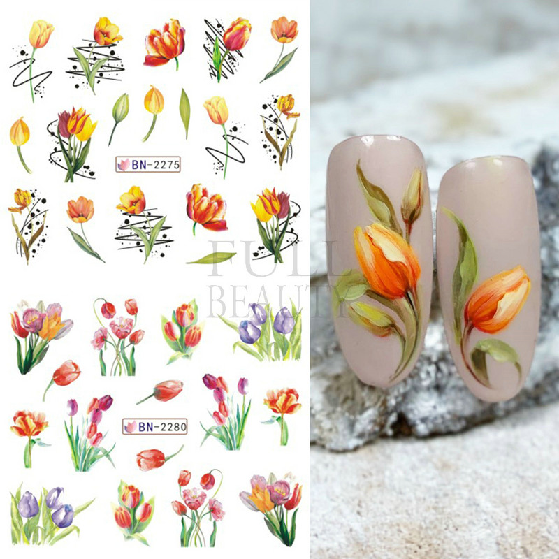 Tulipán körömmatrica hóvirág víz köröm matricák rózsaszín virágok bazsarózsa rózsa csúszkák nyári dizájn gél lakk pakolás tetoválás GLBN2269-2280