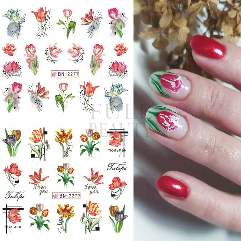 Tulipán körömmatrica hóvirág víz köröm matricák rózsaszín virágok bazsarózsa rózsa csúszkák nyári dizájn gél lakk pakolás tetoválás GLBN2269-2280