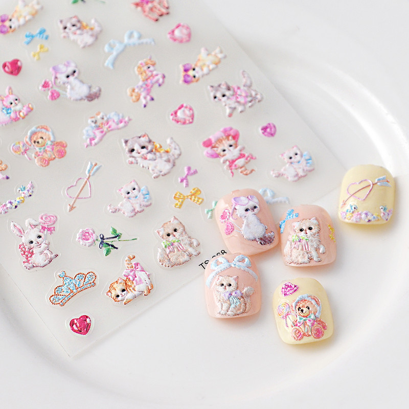 TS-068 Sweet Cats 5D körömmatricák Dombornyomott művészeti dekorációs tippek Kiegészítők