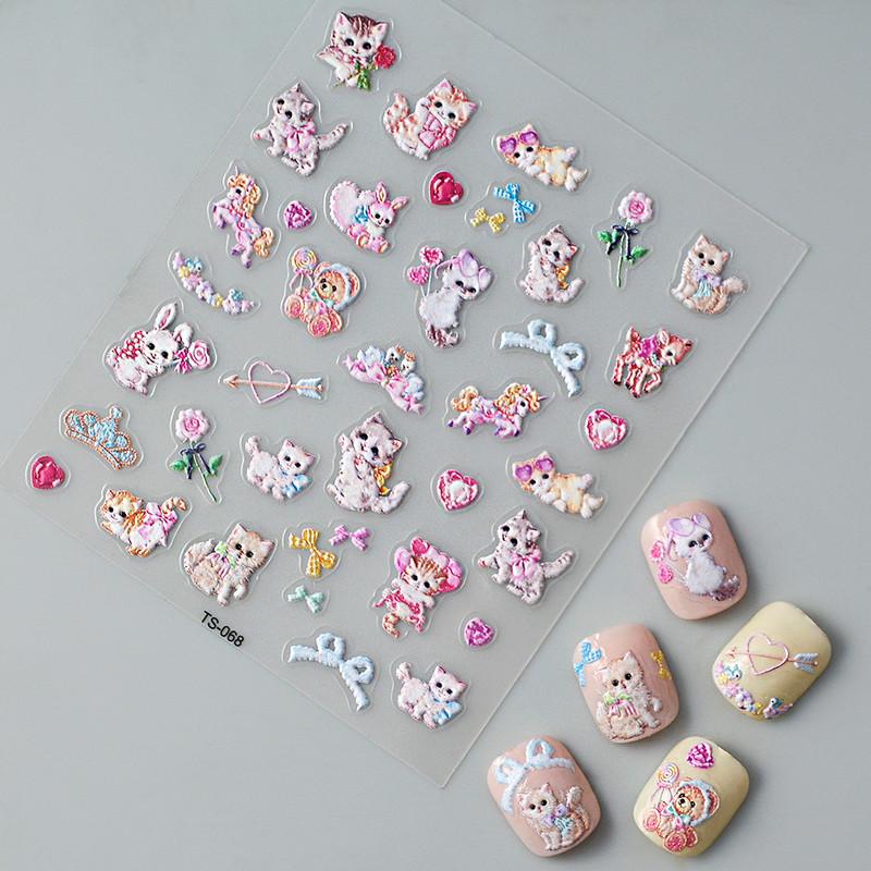 TS-068 Sweet Cats 5D körömmatricák Dombornyomott művészeti dekorációs tippek Kiegészítők