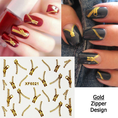 3D zlatni patentni zatvarač Naljepnice za nokte Lanac Sliver Bijeli dizajn Ljepljive naljepnice DIY manikura Nails Art Decoration Modni klizači BEXF6021