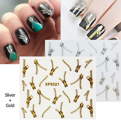 3D arany cipzáras körömmatrica lánc szálka fehér design öntapadó matricák barkácsolás manikűr köröm művészet dekoráció divat csúszkák BEXF6021