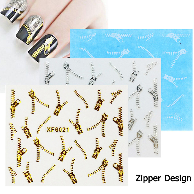 3D златен цип за стикери за нокти Верига Сребрист бял дизайн Залепващи стикери Направи си сам маникюр Ноктопластика Декорация Модни плъзгачи BEXF6021
