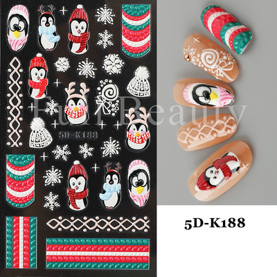 5D Božićne naljepnice za nokte Snjegović Zimski dekor Rukavice Kape Medvjedi Pingvini Klizači Reljefni pleteni pulover Naljepnice Manikura GL5D-K