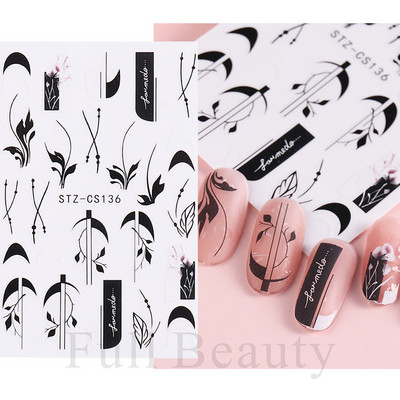 3D fekete vonalú levél körömmatricák tinta akvarell francia design tulipán hóvirág virág geometriájú csúszkák körmökhöz SASTZCS130-137