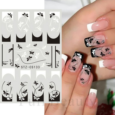 3D fekete vonalú levél körömmatricák tinta akvarell francia design tulipán hóvirág virág geometriájú csúszkák körmökhöz SASTZCS130-137