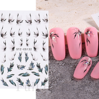 3D fekete vonalú levél körömmatricák tinta akvarell francia design tulipán hóvirág virág geometriájú csúszkák körmökhöz SASTZCS130-137