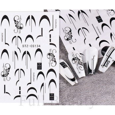 3D fekete vonalú levél körömmatricák tinta akvarell francia design tulipán hóvirág virág geometriájú csúszkák körmökhöz SASTZCS130-137