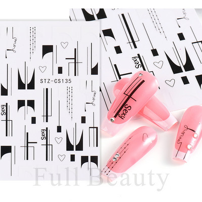 3D fekete vonalú levél körömmatricák tinta akvarell francia design tulipán hóvirág virág geometriájú csúszkák körmökhöz SASTZCS130-137