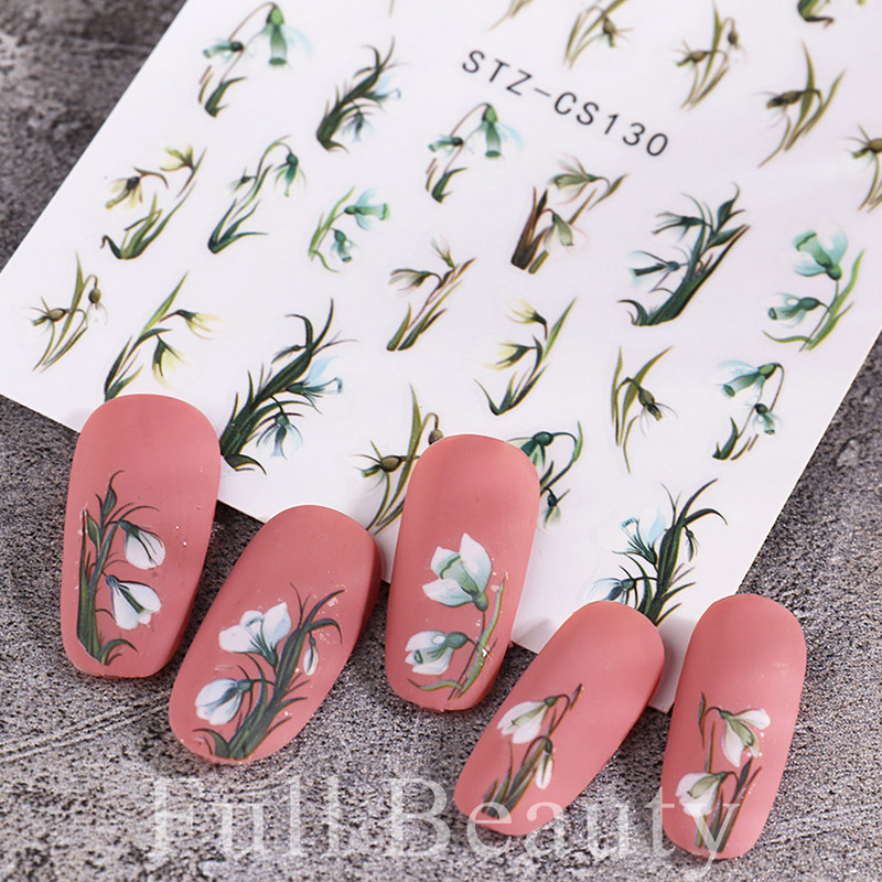 3D fekete vonalú levél körömmatricák tinta akvarell francia design tulipán hóvirág virág geometriájú csúszkák körmökhöz SASTZCS130-137