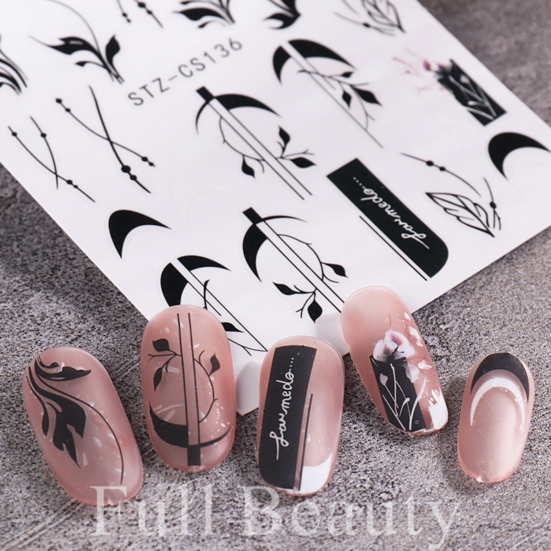 3D fekete vonalú levél körömmatricák tinta akvarell francia design tulipán hóvirág virág geometriájú csúszkák körmökhöz SASTZCS130-137
