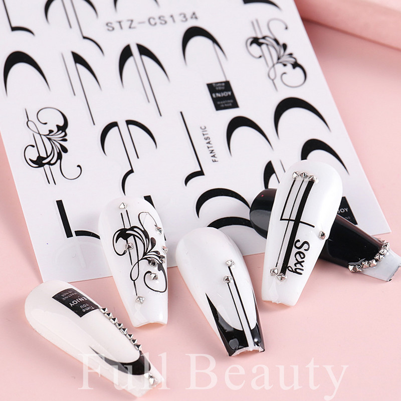3D fekete vonalú levél körömmatricák tinta akvarell francia design tulipán hóvirág virág geometriájú csúszkák körmökhöz SASTZCS130-137