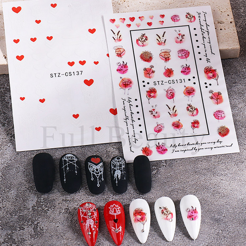 3D fekete vonalú levél körömmatricák tinta akvarell francia design tulipán hóvirág virág geometriájú csúszkák körmökhöz SASTZCS130-137