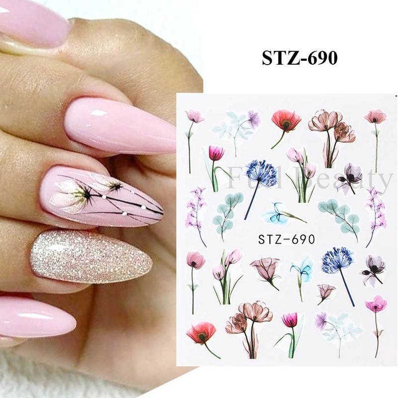 1 DB akvarell virágos növények körömmatrica tinta Virágzó virágos levelek vízmatricák Divat csúszka körömdíszítés FBSTZ-684