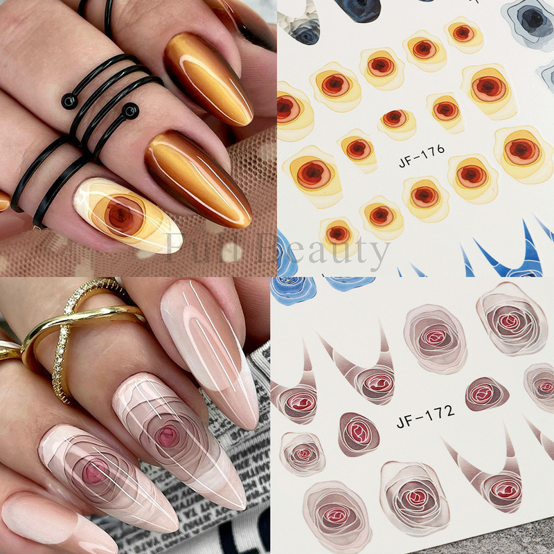 3D Rose Design Víz Körömmatricák Rózsaszín Lila Virágok Matricák Tavaszi művészet Teljesen fedő körömpakolások Francia manikűr tippek GLJF169-180