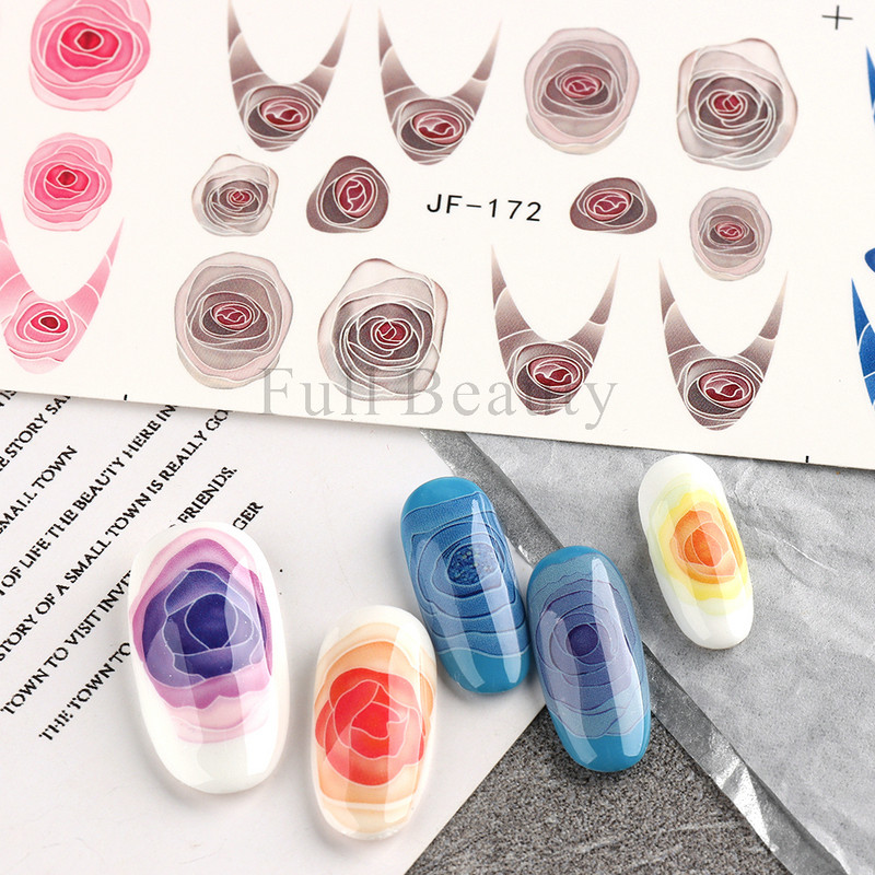 3D Rose Design Víz Körömmatricák Rózsaszín Lila Virágok Matricák Tavaszi művészet Teljesen fedő körömpakolások Francia manikűr tippek GLJF169-180