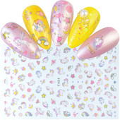 Egyszarvú szivárvány szív csillag Hold keverék minták öntapadó matrica körmökhöz 3D dombornyomott matrica manikűr dekorációk