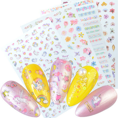 Egyszarvú szivárvány szív csillag Hold keverék minták öntapadó matrica körmökhöz 3D dombornyomott matrica manikűr dekorációk