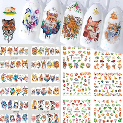 12db Hedgehog Animal Köröm Víz matricák Fenyőtobozok Arany Őszi Design Akvarell Téli Manikűr Transzfer csúszkák JIBN1681-1692
