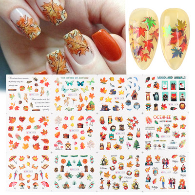12db Hedgehog Animal Köröm Víz matricák Fenyőtobozok Arany Őszi Design Akvarell Téli Manikűr Transzfer csúszkák JIBN1681-1692