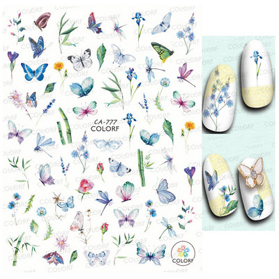 Nail Art Matricák Színes Pillangók Akvarell Virágok Virágok Hátra Ragasztó Körömmatricák Dekoráció Köröm Tippek Szépség