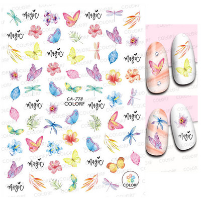 Nail Art Matricák Színes Pillangók Akvarell Virágok Virágok Hátra Ragasztó Körömmatricák Dekoráció Köröm Tippek Szépség